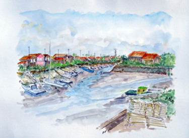 Painting titled "Le port de La Teste" by Michel Hamelin, Original Artwork, Watercolor