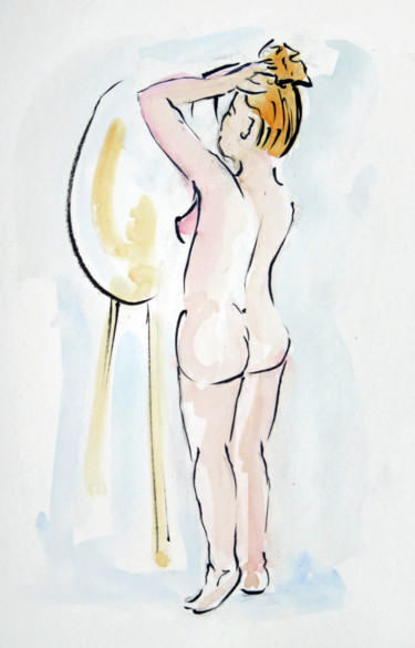 Schilderij getiteld "Le chignon" door Michel Hamelin, Origineel Kunstwerk, Aquarel