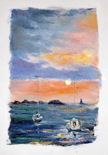 Painting titled "Soleil couchant sur…" by Michel Hamelin, Original Artwork, Oil Mounted on Wood Stretcher frame