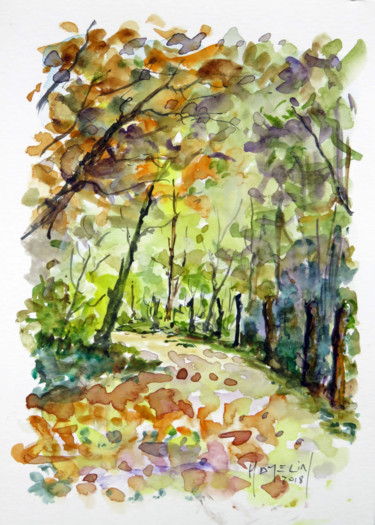 Peinture intitulée "Chemin d'automne  2" par Michel Hamelin, Œuvre d'art originale, Aquarelle
