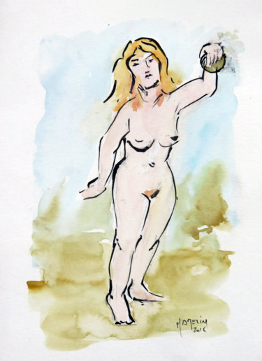 Schilderij getiteld "Pétanque au Cap d'A…" door Michel Hamelin, Origineel Kunstwerk, Aquarel