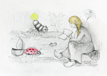 Dessin intitulée "La korrigane et le…" par Michel Hamelin, Œuvre d'art originale, Crayon