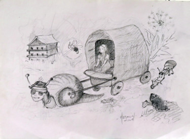 Drawing titled "La korrigane en dil…" by Michel Hamelin, Original Artwork, Pencil