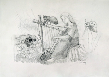Drawing titled "La korrigane harpis…" by Michel Hamelin, Original Artwork, Graphite