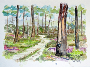 Painting titled "Balade en forêt lan…" by Michel Hamelin, Original Artwork, Watercolor