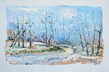 Painting titled "Chemin forestier en…" by Michel Hamelin, Original Artwork, Oil Mounted on Wood Stretcher frame