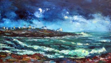Painting titled "Penmarch crépuscule…" by Michel Hamelin, Original Artwork, Oil Mounted on Wood Stretcher frame