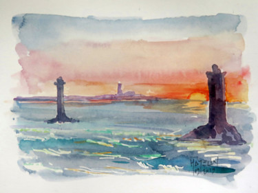 Painting titled "soleil couchant sur…" by Michel Hamelin, Original Artwork, Watercolor