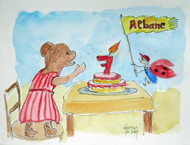 Painting titled "Albane a 7 ans !!" by Michel Hamelin, Original Artwork, Watercolor
