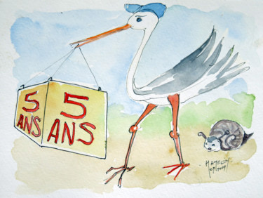 Painting titled "Cinq ans déjà" by Michel Hamelin, Original Artwork, Watercolor