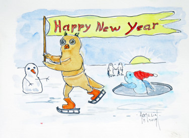 Painting titled "Happy new year" by Michel Hamelin, Original Artwork, Watercolor