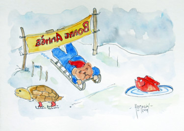 Painting titled "Nounours arrive dan…" by Michel Hamelin, Original Artwork, Watercolor