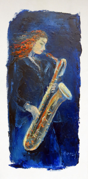 Peinture intitulée "La saxophoniste" par Michel Hamelin, Œuvre d'art originale, Huile Monté sur Châssis en bois