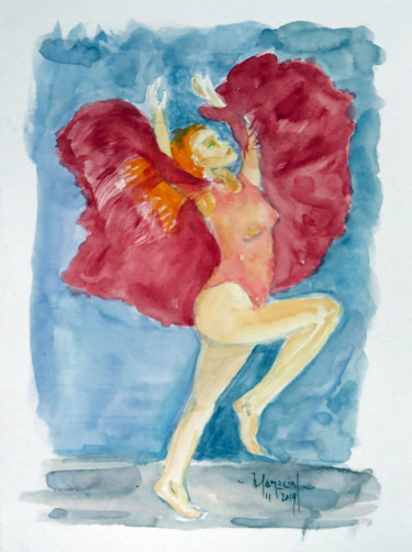 Painting titled "danseuse voile rouge" by Michel Hamelin, Original Artwork, Watercolor