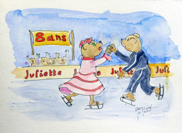 Painting titled "Concours de patinag…" by Michel Hamelin, Original Artwork, Watercolor