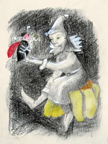 Картина под названием "La korrigane et la…" - Michel Hamelin, Подлинное произведение искусства, Цветные карандаши