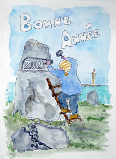 Painting titled "2021 gravé sur un m…" by Michel Hamelin, Original Artwork, Watercolor