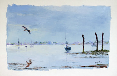 Painting titled "Brouillard" by Michel Hamelin, Original Artwork, Oil Mounted on Wood Stretcher frame