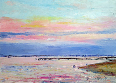 Painting titled "arcachon le soir to…" by Michel Hamelin, Original Artwork, Oil Mounted on Wood Stretcher frame