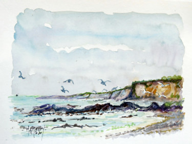 Painting titled "Vol de mouettes" by Michel Hamelin, Original Artwork, Watercolor