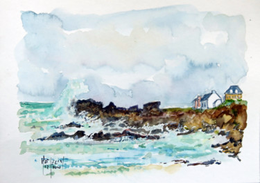 Pintura intitulada "Vagues à Pors Carn…" por Michel Hamelin, Obras de arte originais, Aquarela