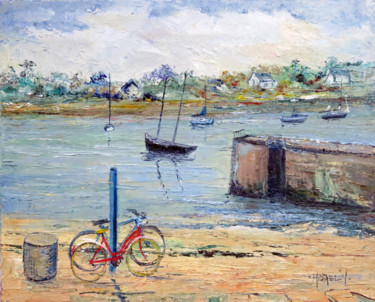 Painting titled "Deux bicyclettes à…" by Michel Hamelin, Original Artwork, Oil Mounted on Wood Stretcher frame