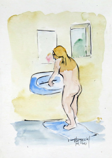 Schilderij getiteld "Femme à la toilette" door Michel Hamelin, Origineel Kunstwerk, Aquarel