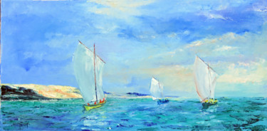 Painting titled "3 pinasses à voiles…" by Michel Hamelin, Original Artwork, Oil Mounted on Wood Stretcher frame