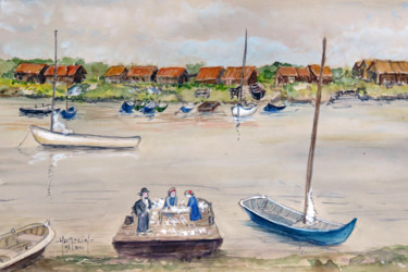 Painting titled "Le port de La Teste…" by Michel Hamelin, Original Artwork, Watercolor