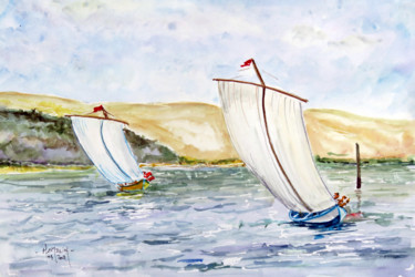 Painting titled "2 pinassotes régate…" by Michel Hamelin, Original Artwork, Watercolor