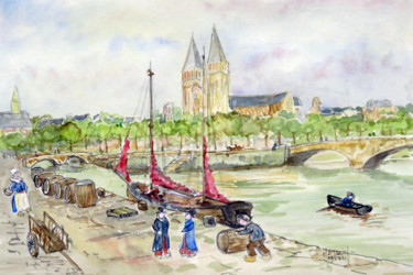 Painting titled "Le quai du port aux…" by Michel Hamelin, Original Artwork, Watercolor