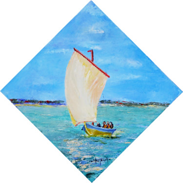 Painting titled "Pinassotte à voile" by Michel Hamelin, Original Artwork, Oil Mounted on Wood Stretcher frame