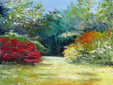 Картина под названием "Le parc floral de B…" - Michel Hamelin, Подлинное произведение искусства, Масло Установлен на Деревян…