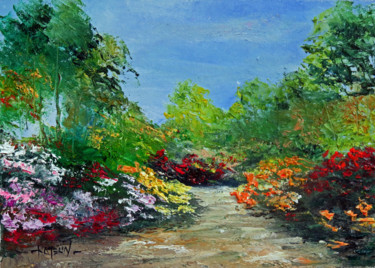 Картина под названием "Le parc floral de B…" - Michel Hamelin, Подлинное произведение искусства, Масло Установлен на Деревян…