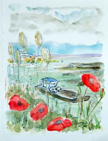 Painting titled "La rentrée au port…" by Michel Hamelin, Original Artwork, Watercolor