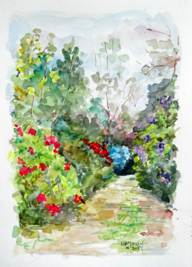 Картина под названием "Le Parc floral de B…" - Michel Hamelin, Подлинное произведение искусства, Акварель