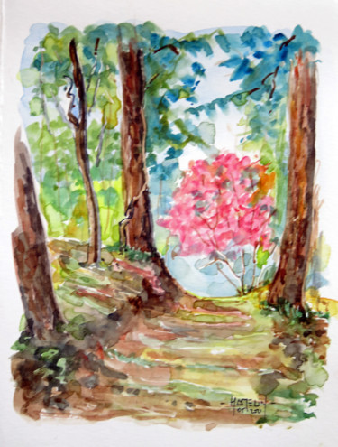 Malerei mit dem Titel "allée de séquoias à…" von Michel Hamelin, Original-Kunstwerk, Aquarell