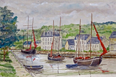 Painting titled "Le port de Quimper…" by Michel Hamelin, Original Artwork, Watercolor