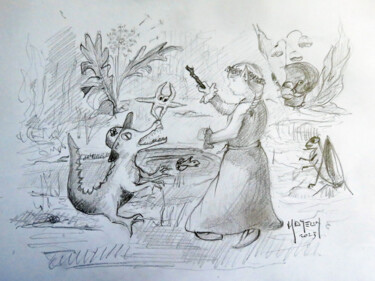Disegno intitolato "La korrigane dompte…" da Michel Hamelin, Opera d'arte originale, Grafite