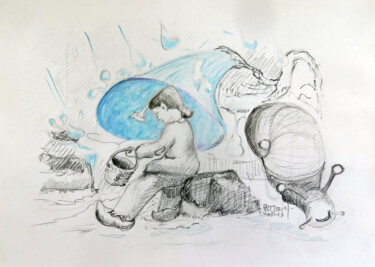 Peinture intitulée "Le korrigan sous un…" par Michel Hamelin, Œuvre d'art originale, Crayon