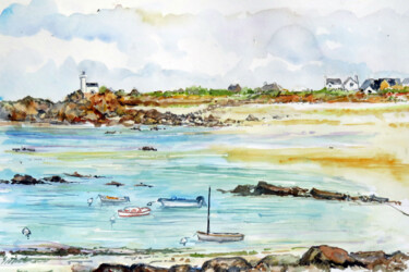 Peinture intitulée "Une plage à Brignog…" par Michel Hamelin, Œuvre d'art originale, Aquarelle