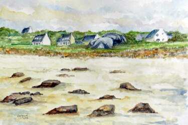 Pintura intitulada "la plage de Menez H…" por Michel Hamelin, Obras de arte originais, Aquarela