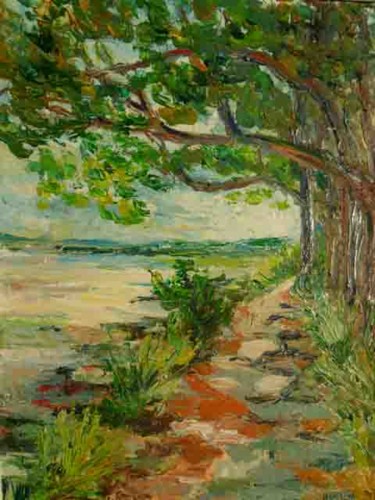 Painting titled "Chemin des douanier…" by Michel Hamelin, Original Artwork, Oil Mounted on Wood Stretcher frame
