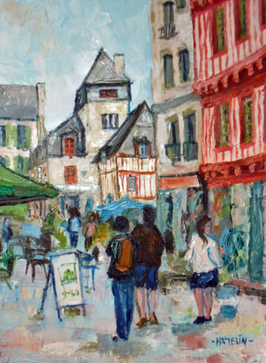 Painting titled "Quimper rue René Ma…" by Michel Hamelin, Original Artwork, Oil