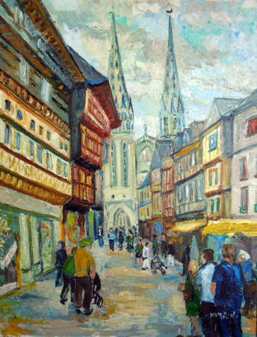 Peinture intitulée "Quimper : la rue Ké…" par Michel Hamelin, Œuvre d'art originale, Huile