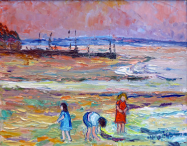 Pintura intitulada "enfants sur la plage" por Michel Hamelin, Obras de arte originais, Óleo