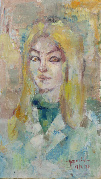 Painting titled "jeune fille blonde" by Michel Hamelin, Original Artwork, Oil Mounted on Wood Stretcher frame