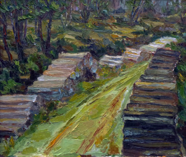 Painting titled "chemin forestier" by Michel Hamelin, Original Artwork, Oil Mounted on Wood Stretcher frame