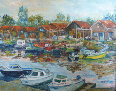 Painting titled "le port de La Teste…" by Michel Hamelin, Original Artwork, Oil