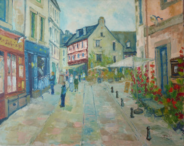 Peinture intitulée "Quimper : la place…" par Michel Hamelin, Œuvre d'art originale, Huile